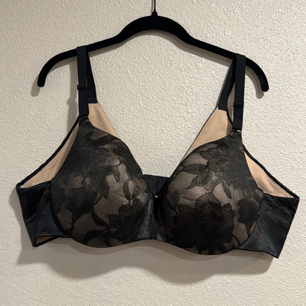 New Cacique 44C Lightly Lined Balconette Bra Black Lace Tan Beige Nude #3